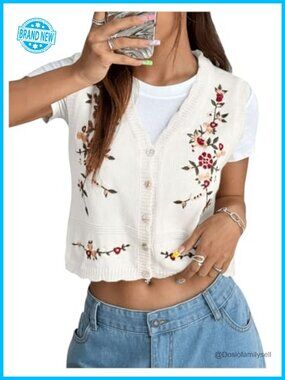 Flower Embroidered Boho Knit Sweater Vest Button Down V-Neck Sleeveless